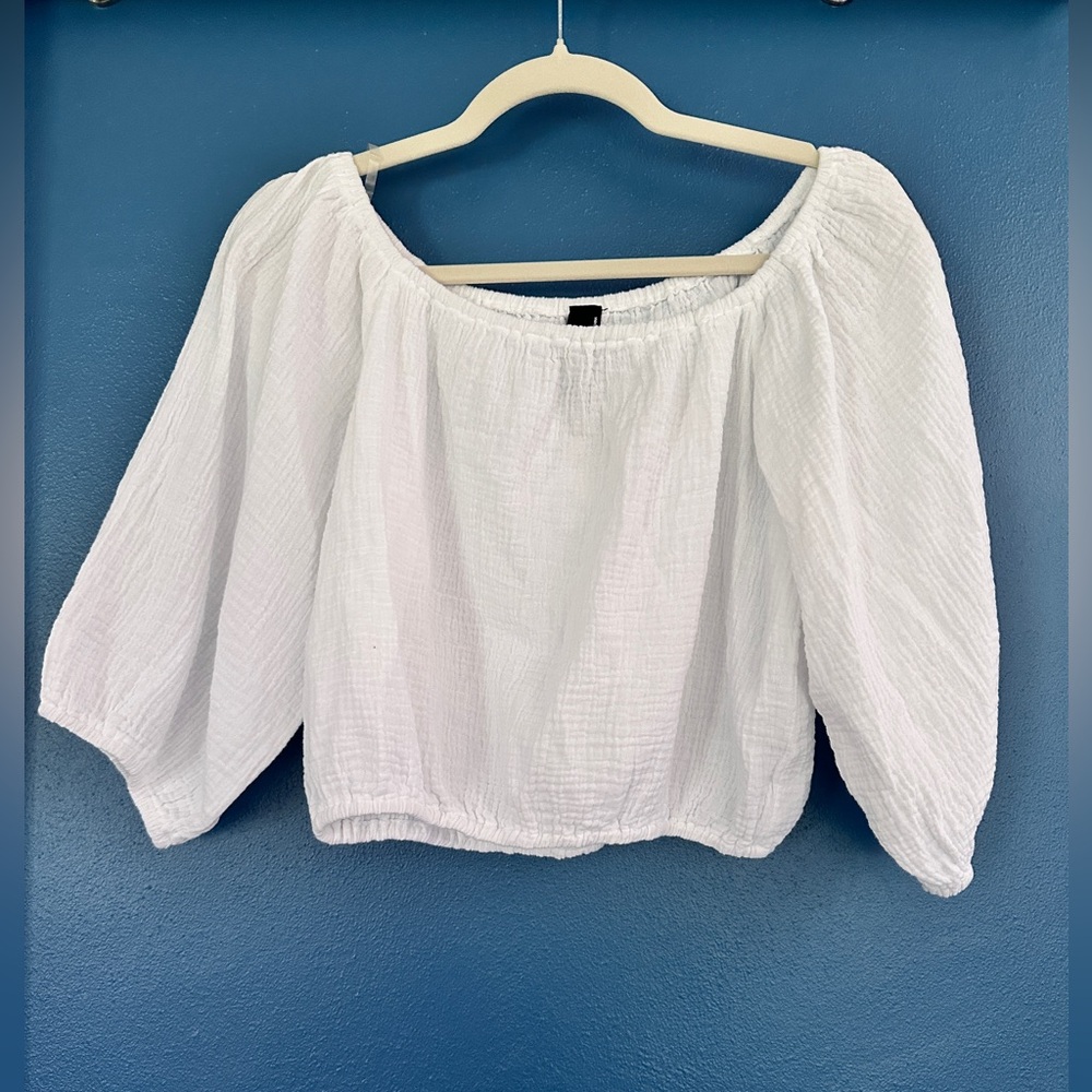 bobi White Smocked Puff Sleeve Crop Top